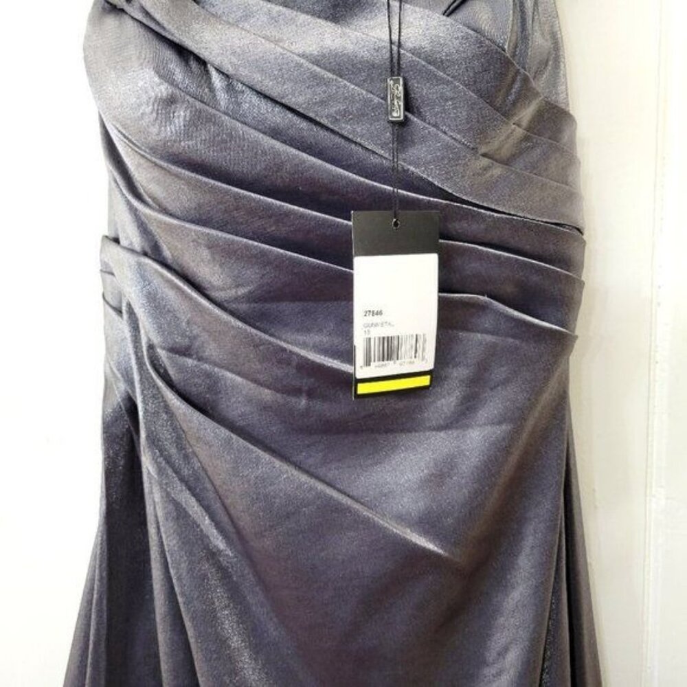 La Femme Runched Satin Trumpet Gown Gunmetal #27846 New with Tag - Picture 5 of 9